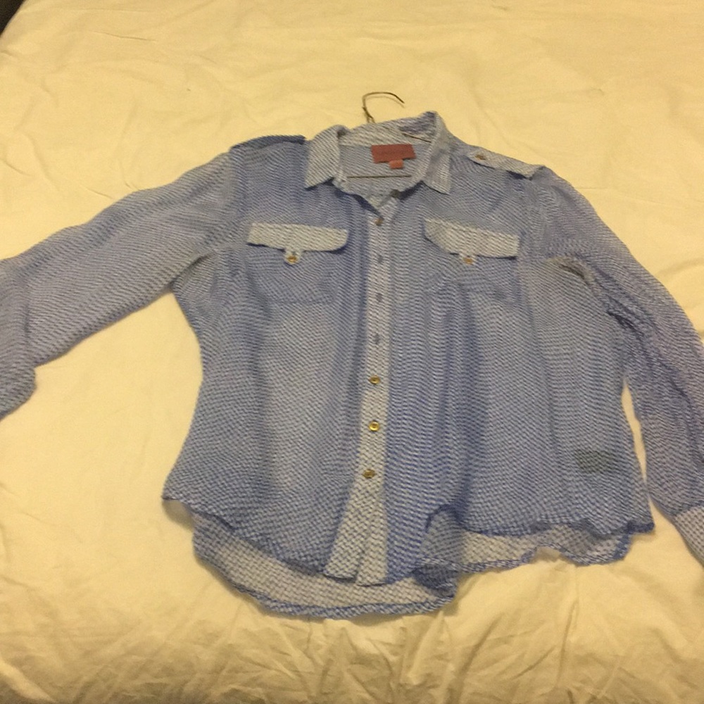 Blue and white sheer long sleeve button down top